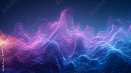 The digital art piece showcases calming blue and violet color transitions, blending in elements of market trends, stock market graphics, and financial information charts. photo