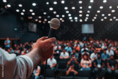 hand holding microphone on stage, speaker, conference