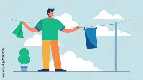 A man confidently using a clothesline to dry his laundry instead of a dryer reducing energy consumption and ting down on electricity costs.