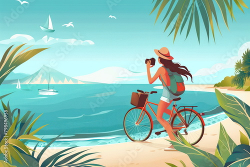 Cartoon character of Woman tourist on bicycle taking photo with camera, riding bike on seaside