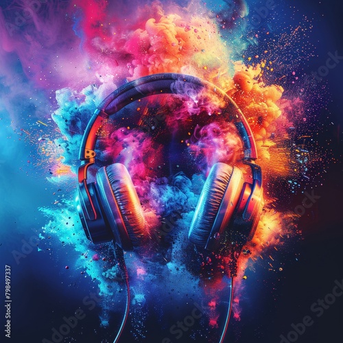 Explosive stereo headphones light up in a colorful burst, creating a festive display with vibrant effects, perfect for setting the party mood.