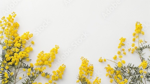An aerial perspective showcasing vibrant yellow mimosa blossoms against a crisp white backdrop This stock image offers ample room for text placement © 2rogan