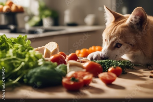 veggies dog choosing cat food together choice chicken pet animal nourishment table ravenous background white cute diet bad eat funny humor serve concept fruit rice oatmeal carrot blueberry bacon' photo