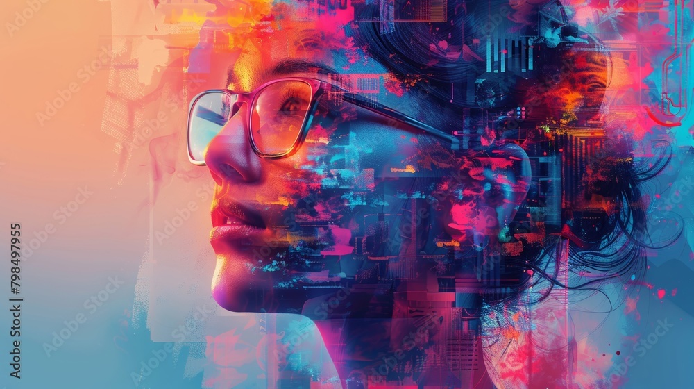 Vivid artwork featuring an individual creatively engaging with advanced artificial intelligence technology. Vivid artwork featuring an individual creatively engaging with advanced artificial intelligence technology.