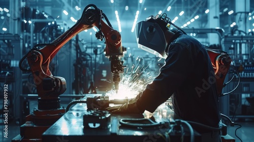 Engineer check and control welding robotics automatic arms machine in factory automotive industrial. Digital manufacturing operation. Generative AI hyper realistic 