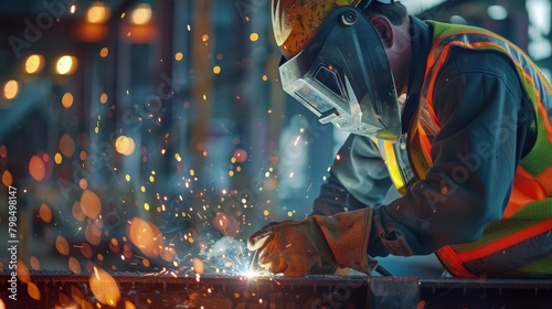Welder in Action with Bright Sparks and Protective Gear
 photo
