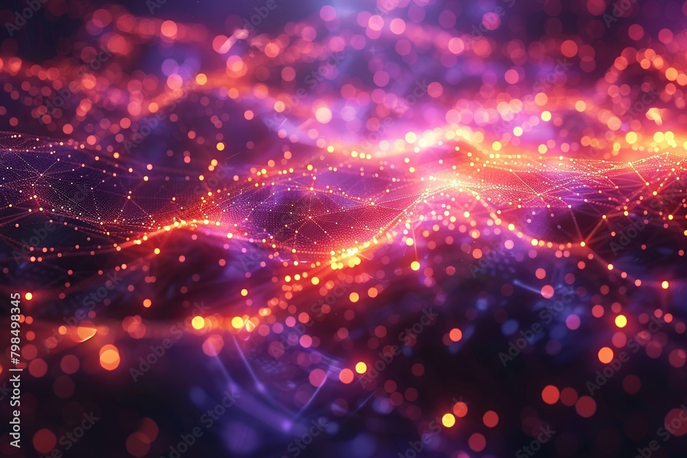 Glowing neon dots and lines create an abstract and mesmerizing visual display, showcasing the potential of AI technology in digital data flow and communication networks. Glowing neon dots and lines create an abstract and mesmerizing visual display, showcasing the potential of AI technology in digital data flow and communication networks.