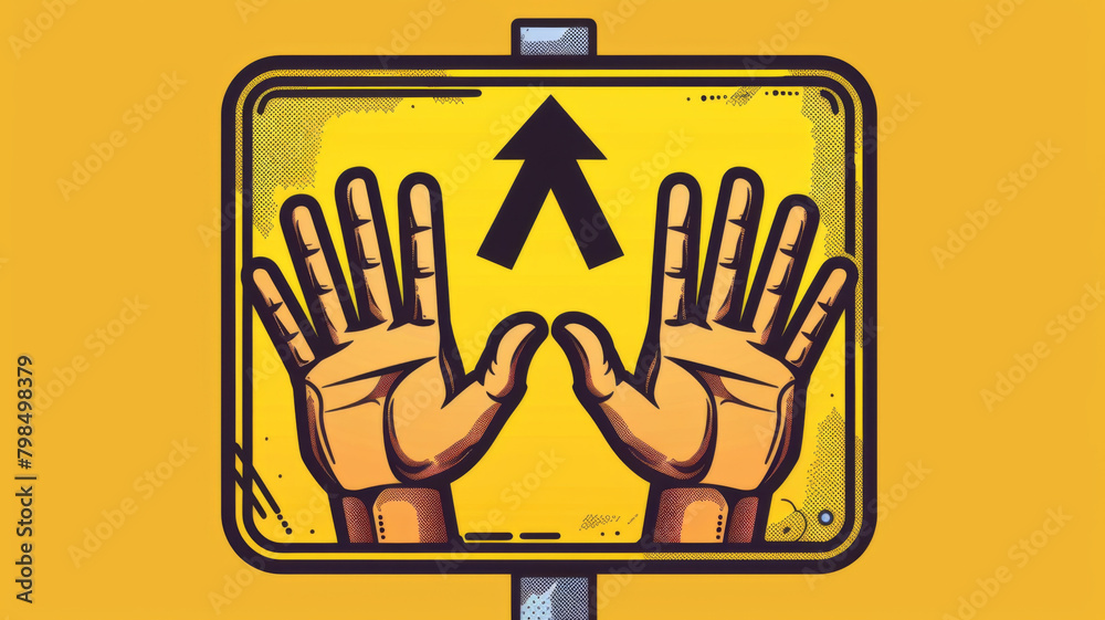 Pedestrian crossing road sign featuring two hand silhouettes with a directional arrow on a vibrant yellow background.
