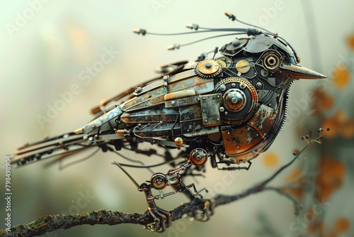 An image of a cyborg bird with mechanical wings and feathers, perched on a futuristic branch