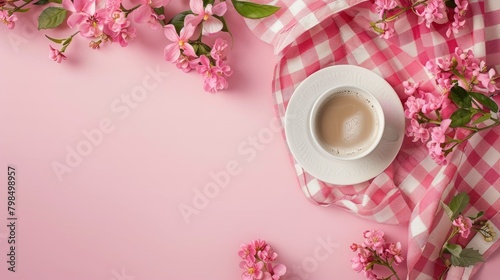 Delve into a cozy Valentine s Day ambiance with a charming setup of pink flowers a checkered pattern and a delightful cup of coffee resting on a soft pink backdrop This composition captures