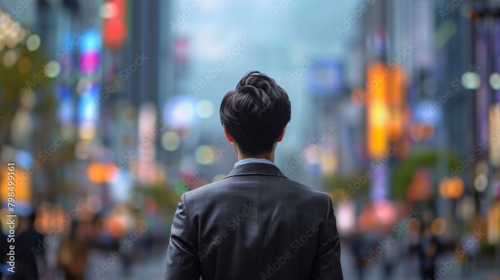 Future Crossroads: Young Japanese Businessman Amidst Skyscrapers, Reflecting on Career Paths and Uncertain Futures