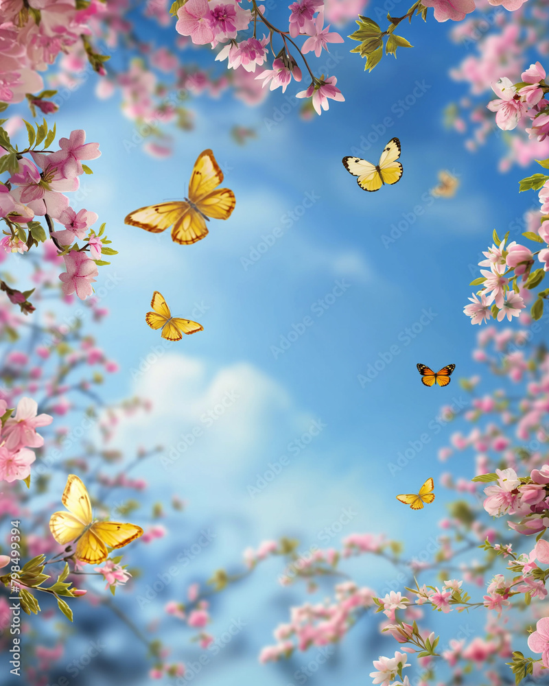 Pink Cosmos Flowers field with butterflies in sunny day with blue sky at summer, summer flowers, summer holiday theme. Pink Cosmos Flowers field with butterflies in sunny day with blue sky at summer, summer flowers, summer holiday theme.