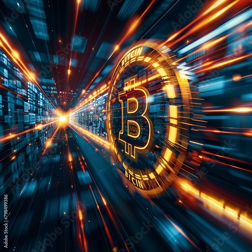 Imagine a vibrant photo capturing the energy and intricacy of the Bitcoin industry, showcasing the rapid movement of digital exchanges against a striking background.