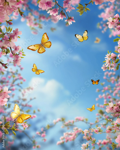 Pink Cosmos Flowers field with butterflies in sunny day with blue sky at summer  summer flowers  summer holiday theme.