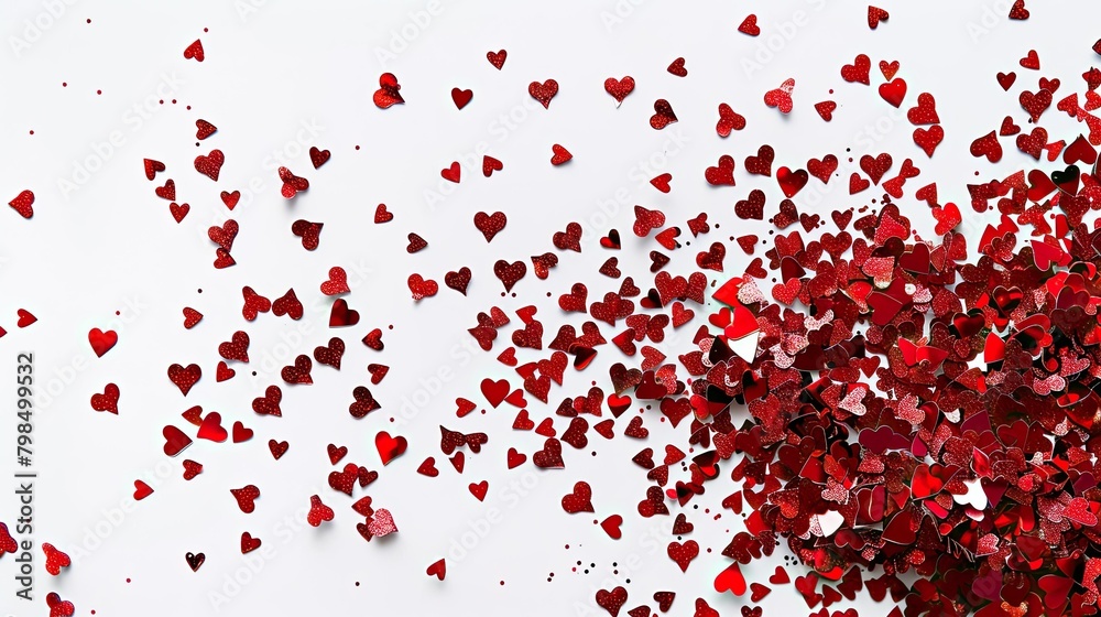 Celebrate Valentine s Day with red heart shaped confetti scattered on a crisp white background Celebrate Valentine s Day with red heart shaped confetti scattered on a crisp white background