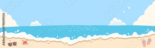 Summer sea, blue sky and beach bright background, cute hand drawn illustration / 夏の海、青空とビーチの明るい背景、かわいい手描きイラスト