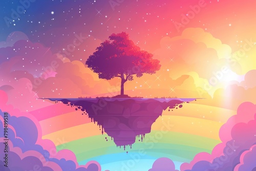 A simple animated illustration featuring a solitary tree on a floating landmass beneath a colorful arc of light in the sky. photo