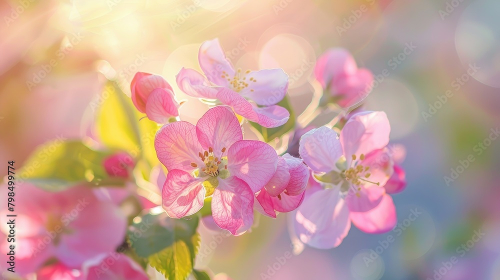 Pink flower blossoms of an apple tree with a blurred background Close up of apple tree blossoms Pink flower blossoms of an apple tree with a blurred background Close up of apple tree blossoms