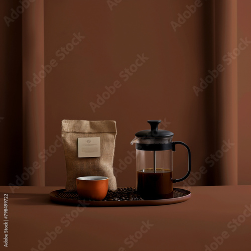 A minimalist floating basket with whole coffee beans, a French press, and a ceramic mug, set against a rich, dark brown background, reflecting the elegance of coffee culture. 