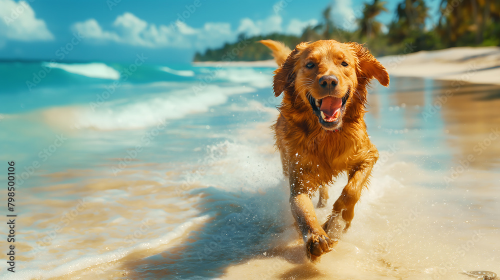 Joyful Golden Retriever Running on a Tropical Beach Joyful Golden Retriever Running on a Tropical Beach