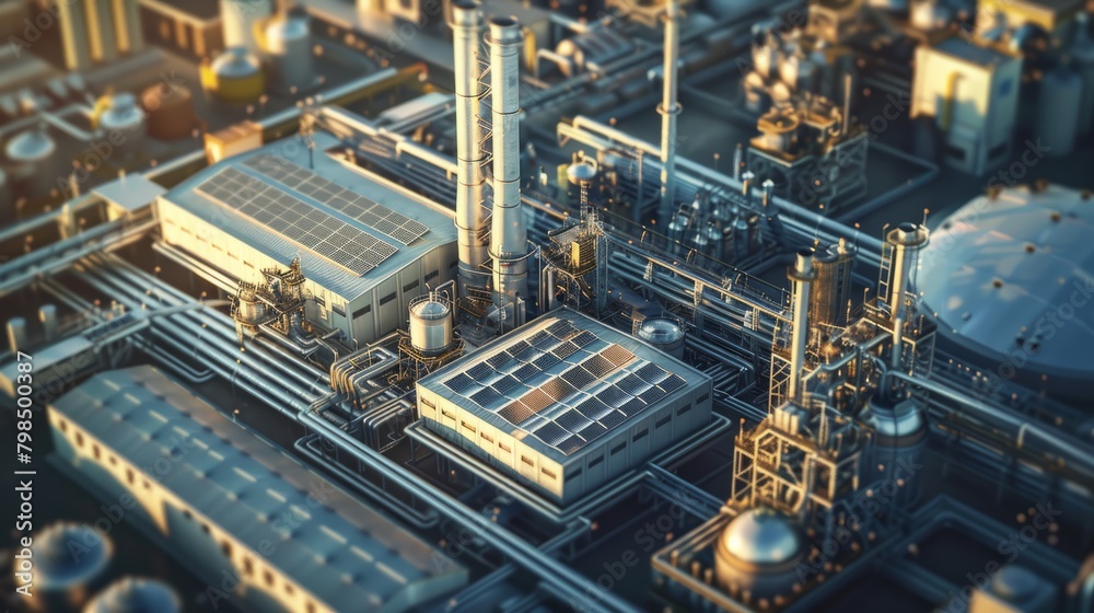 High-Altitude Snapshot of a Modern Industrial Facility with Solar Panels on Top. hyper realistic 