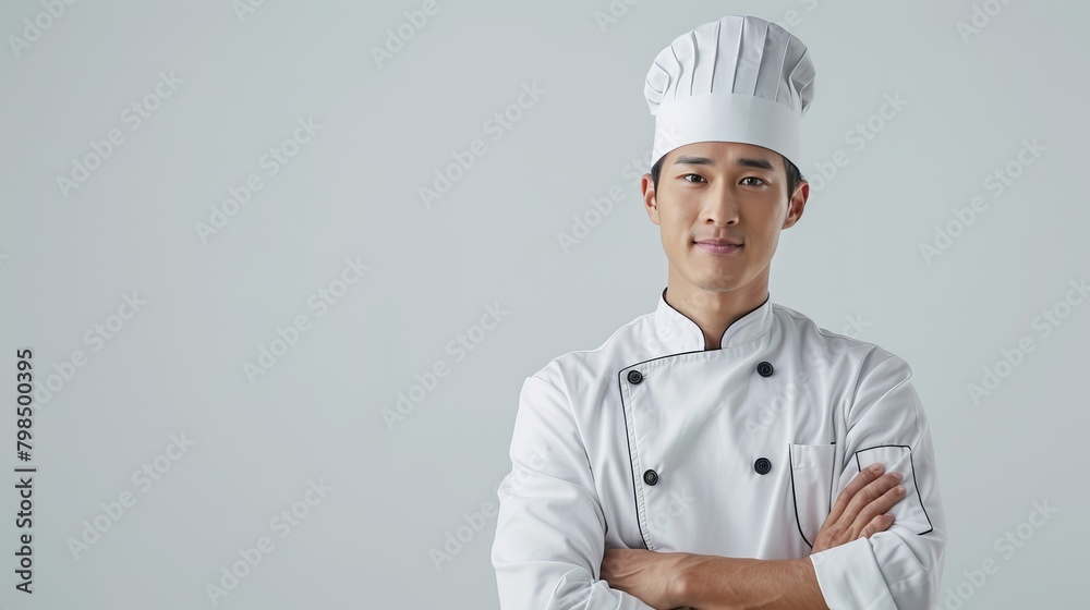 A young Asian chef in a crisp white and black chef's uniform. Accented with a traditional chef's hat. She stands on a pure white background. There is space left for text.