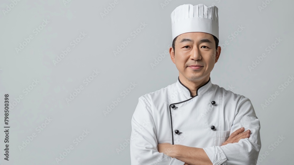 A young Asian chef in a crisp white and black chef's uniform. Accented with a traditional chef's hat. She stands on a pure white background. There is space left for text.