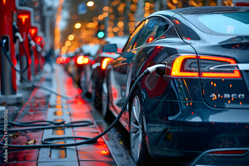 A line of electric cars charging at a public charging station, showing modern and sustainable transportation technology.