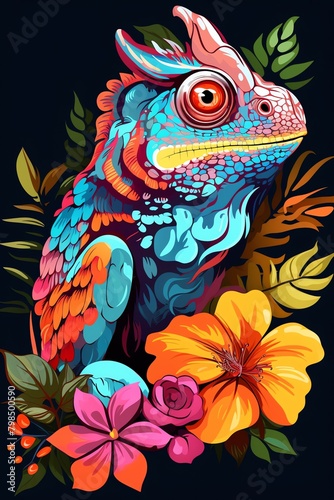 Chameleon  Chameleon on a vibrant multicolored tropical flower hand drawing cute owl isolated on white background © sunchai