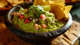Traditional Mexican Guacamole in a Molcajete with Tortilla Chips