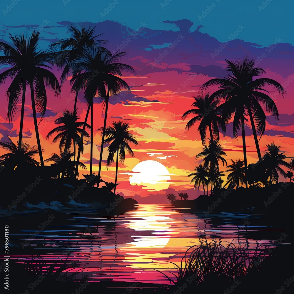 Silhouette of palm trees against a deep blue sunset sky water color, drawing style, isolated clear background