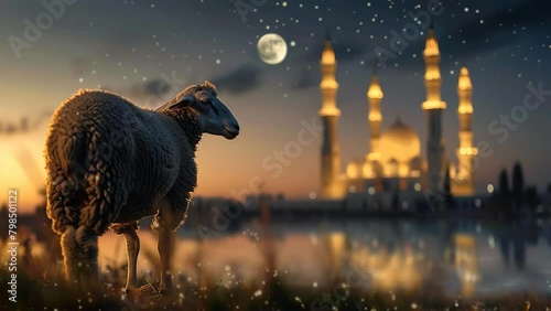 Sheep are looking at the mosque, the atmosphere at night is calm and beautiful, decorated with the moon, stars and falling meteors, background for Eid al-Adha photo