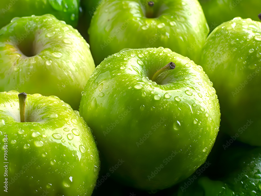 Fresh Green Apples with Water Droplets Close-Up Fresh Green Apples with Water Droplets Close-Up