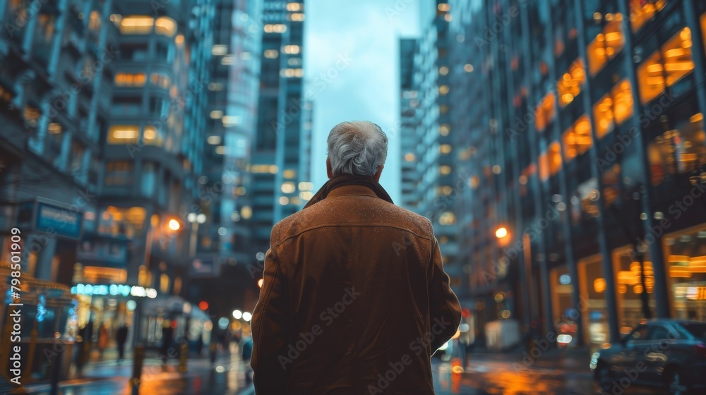 Enduring Ambitions: Elderly Businessman Stands Alone Amid Urban Skyscrapers, Reflecting Career Longevity and Retirement Transition