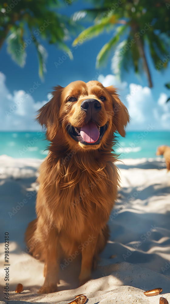 Happy Dog Enjoying the Sun and Sand at a Tropical Beach Happy Dog Enjoying the Sun and Sand at a Tropical Beach