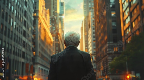 Enduring Ambitions: Elderly Businessman Stands Alone Amid Urban Skyscrapers, Reflecting Career Longevity and Retirement Transition photo