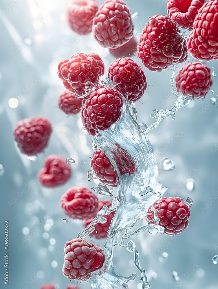Digital Illustration of Raspberries Submerged in Water with Air Bubbles