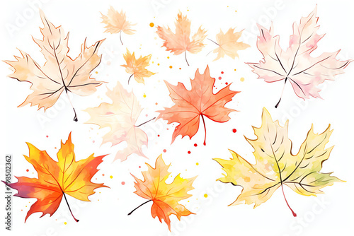 A watercolor painting of autumn leaves in various colors such as red  orange  yellow  and brown.