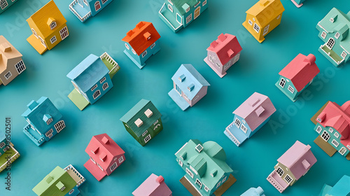 Colorful Toy House Collection Arranged on a Pastel Background