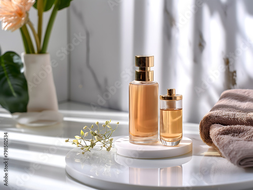 Modern Skincare and Beauty Products Display on Neutral Background © slonme