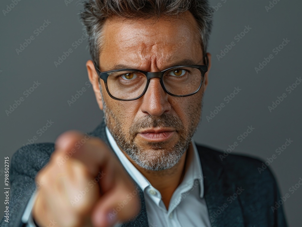 Fototapeta premium The angry man pointed his fingers at the camera
