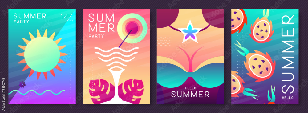 Set of fluorescent summer posters with summer attributes. Cocktail silhouette, flamingo, girl in swimsuit and dolphin silhouette. Vector illustration