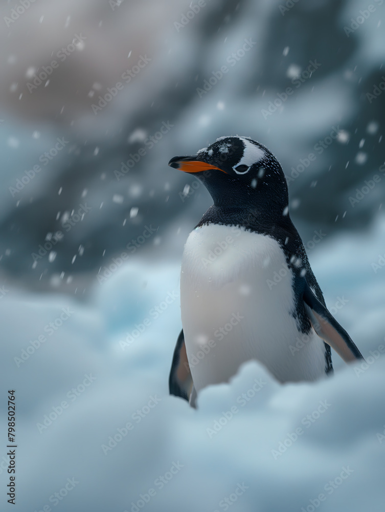 Fototapeta premium Gentle Penguin in a Serene Snowscape Amid Falling Snowflakes
