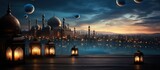 Ramadan Kareem background with mosque, lanterns and moon.