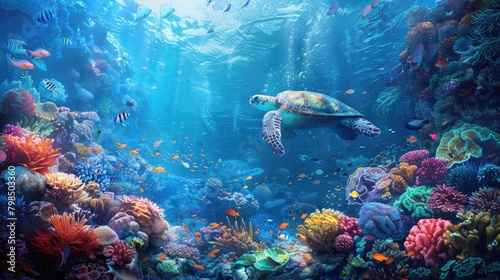 A vibrant coral reef teeming with life, with colorful fish, majestic sea turtles, and intricate coral formations stretching as far as the eye can see