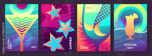 Set of fluorescent summer posters with summer attributes. Cocktail silhouette, mermaid tail, sun in glass. Vector illustration