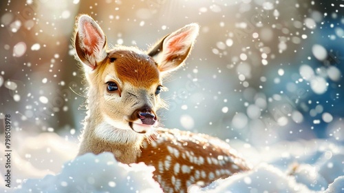 cute fawn among the snow in the winter in the forest