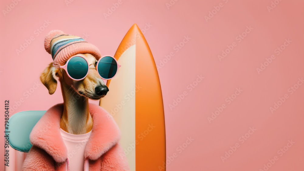 Fototapeta premium Funny dog wearing summer fashion on pastel background with copy space. Summer Vacation Concept.