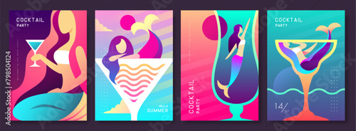 Set of fluorescent summer posters with summer attributes. Cocktail cosmopolitan silhouette, mermaid and sea. Vector illustration
