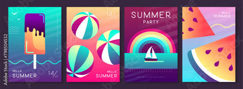 Set of fluorescent summer posters with summer attributes. Ice cream, beach ball, watermelon, rainbow and ship. Vector illustration